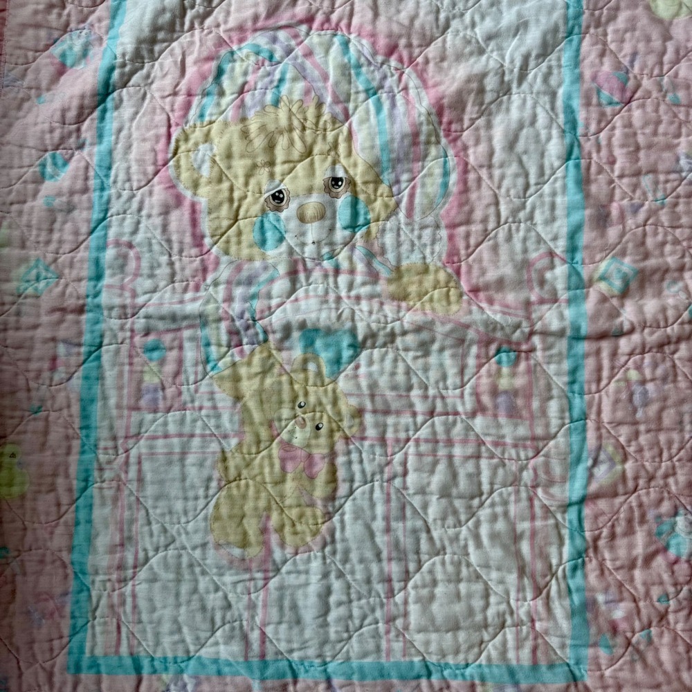Vintage 1990s Pink Two Bear Handmade‎ Baby Blanket Quilt CottageCore GrandmaCore